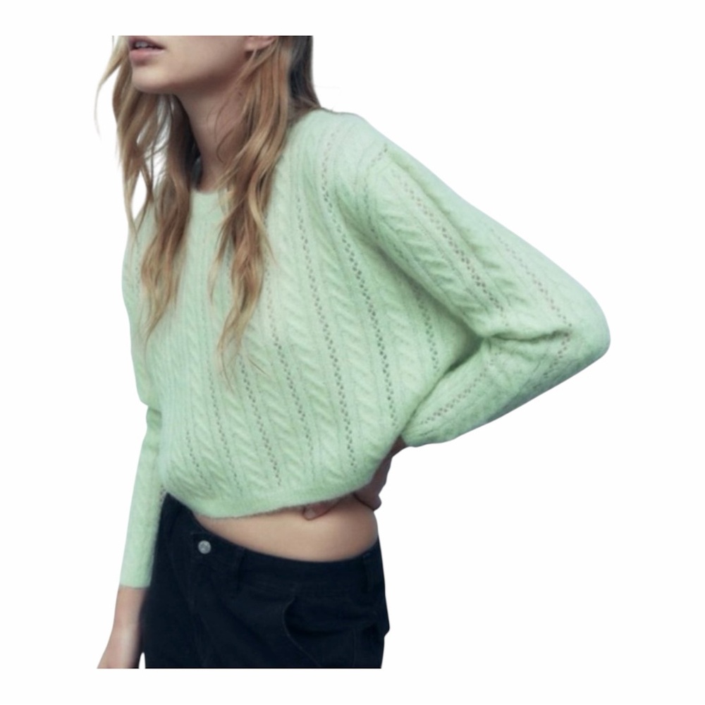 NWT Zara Alpaca Wool Cropped Cable Knit Pullover Sweater Large Light Green
